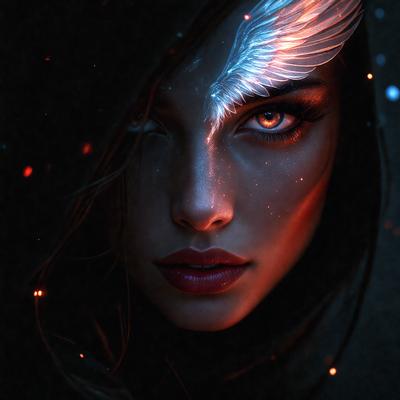 The primary subject of the image is a woman with long hair, wearing a hooded cloak. She has a striking appearance, with her eyes glowing a vibrant blue. The setting is a dark, possibly nighttime, environment, with a backdrop of fire or flames. The visual style of the image is a combination of photo and digital art, creating a unique and captivating portrait. The colors and mood of the image are dramatic and intense, with the woman's glowing eyes and the fire in the background creating a sense of mystery and allure.